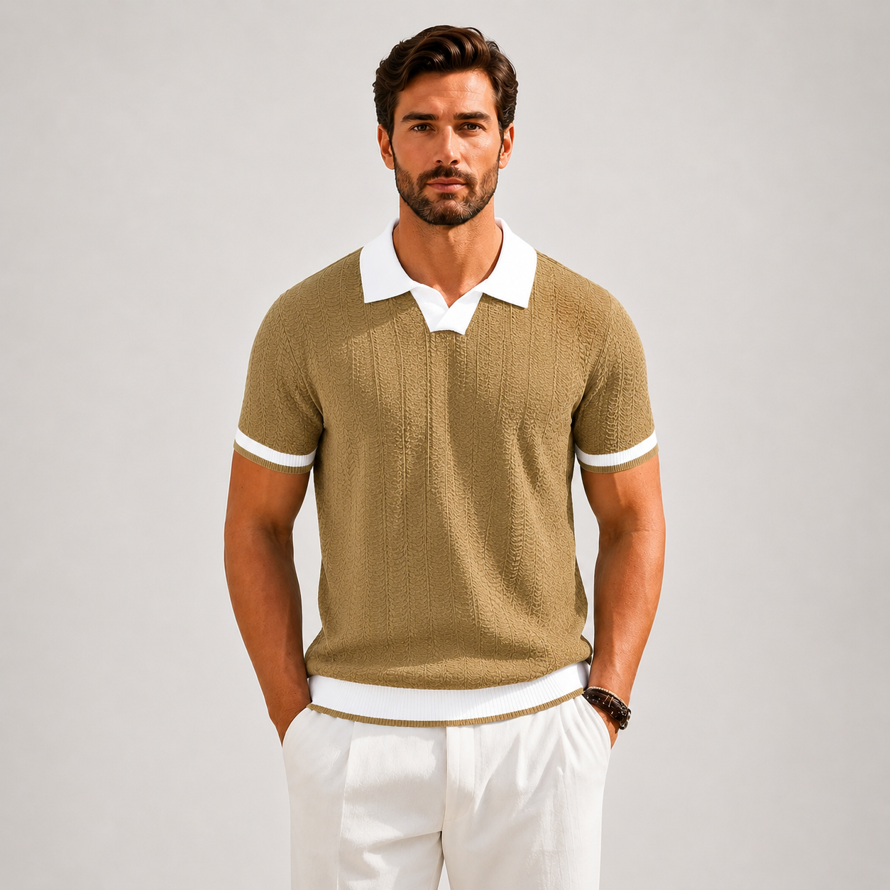 Men's white textured knit polo shirt