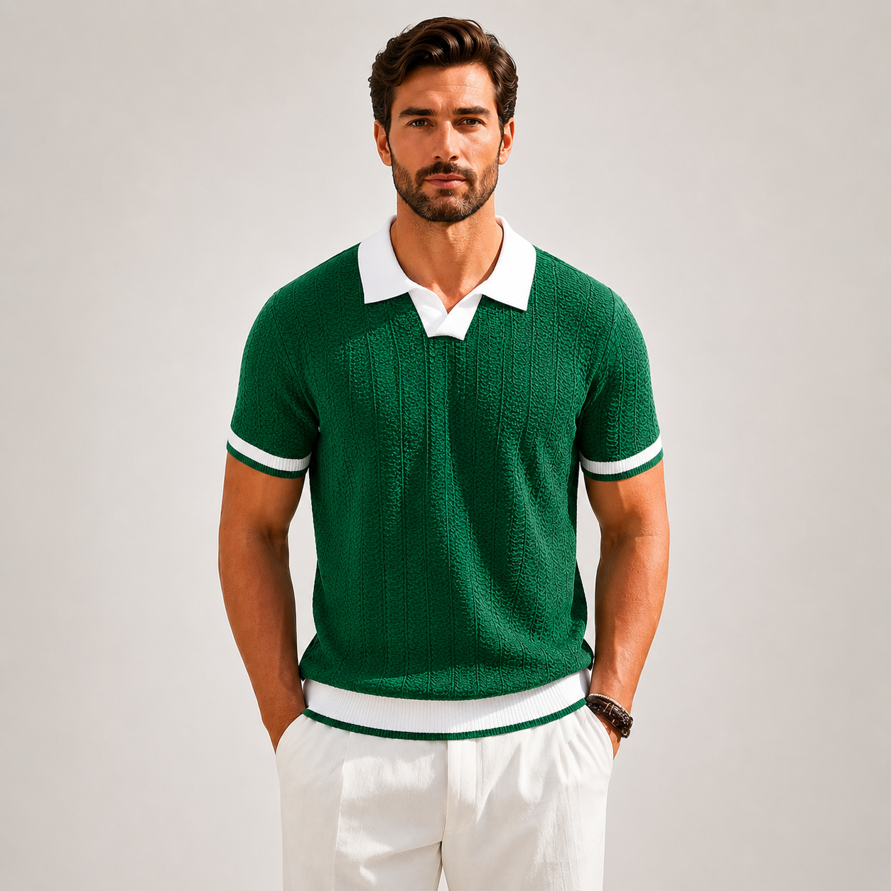 Men's white textured knit polo shirt