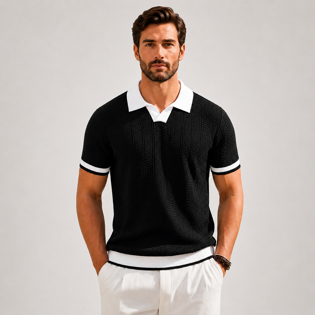 Men's white textured knit polo shirt