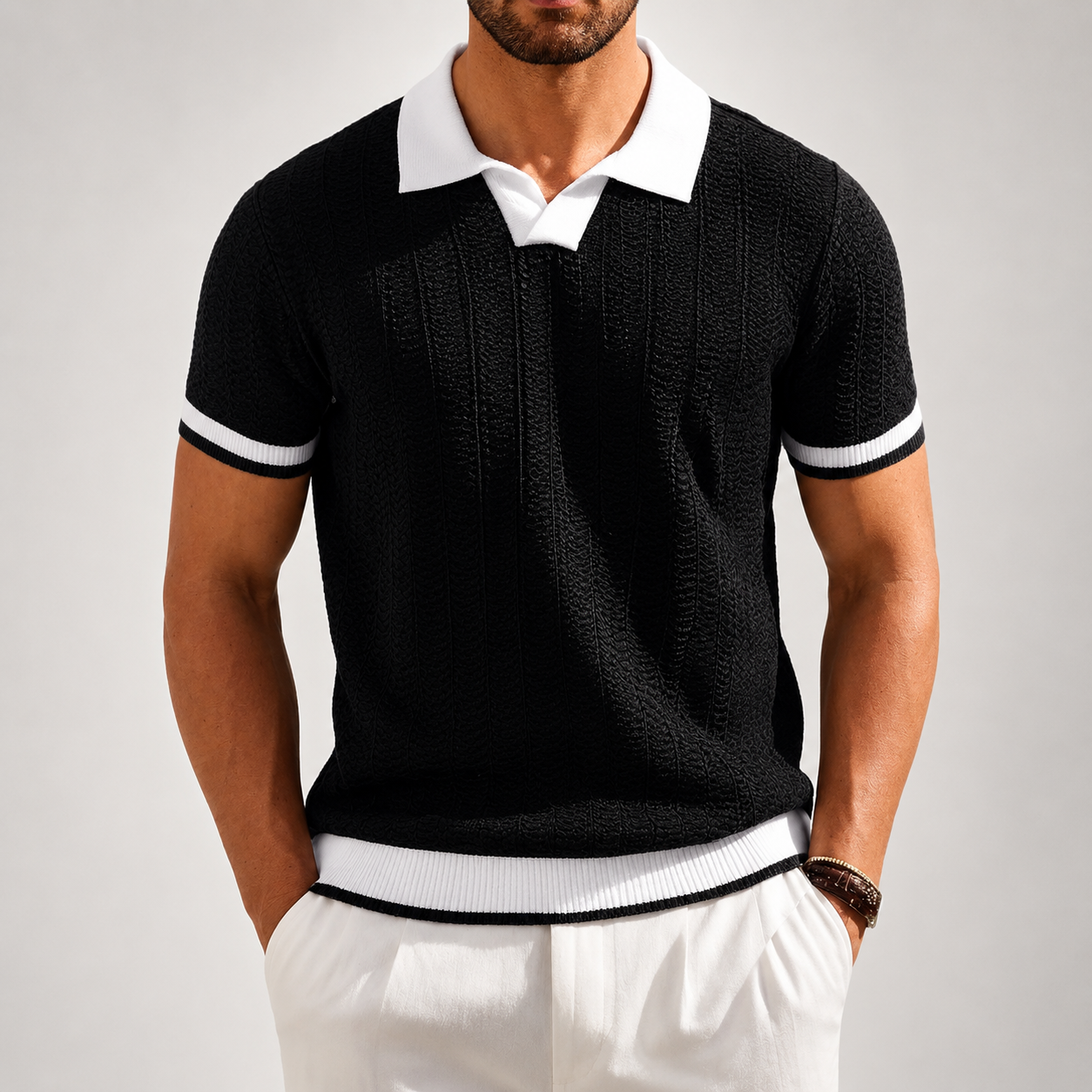 Men's brown textured knit polo shirt