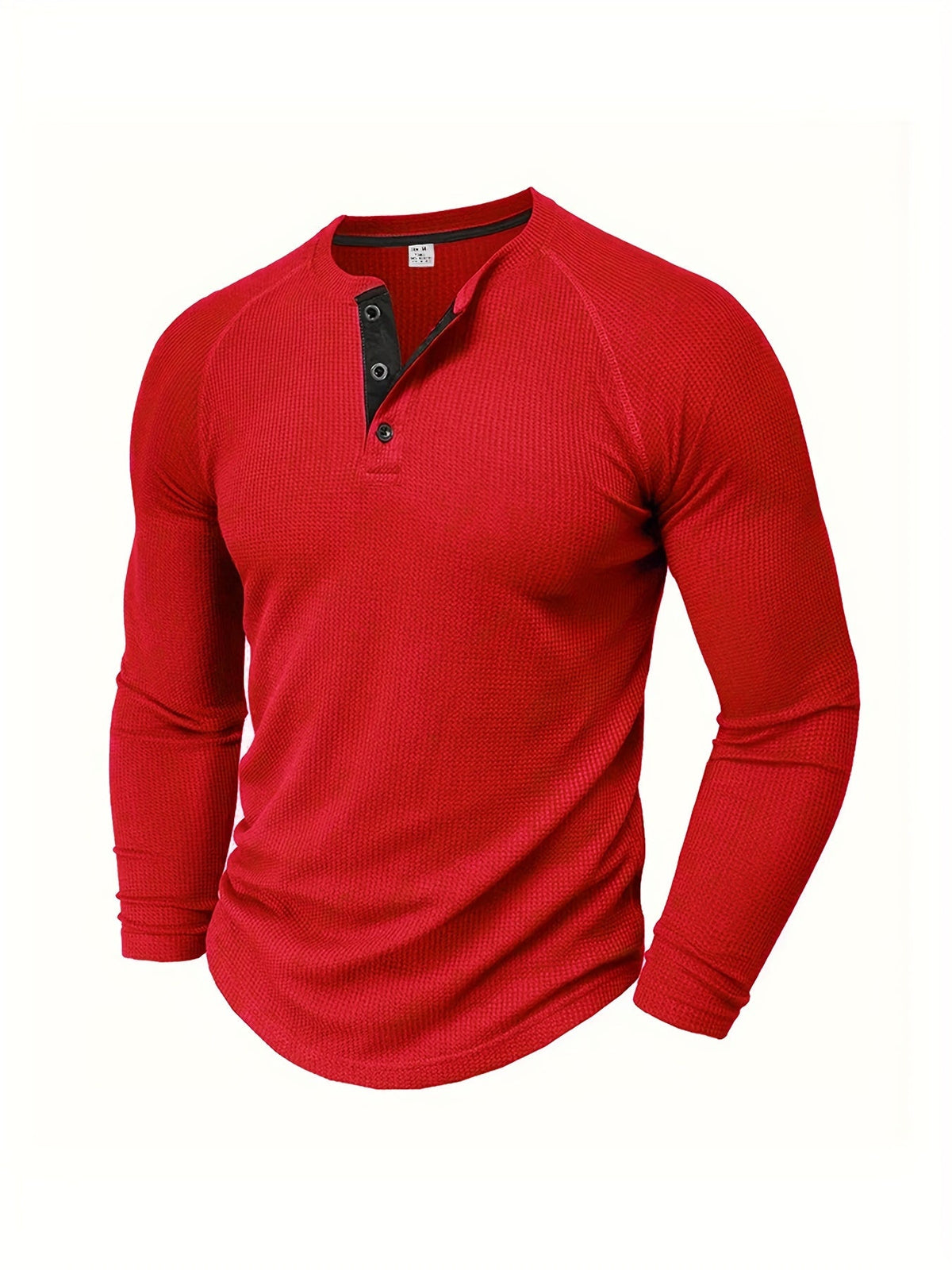 Long sleeve raglan Henley shirt in red, featuring raglan sleeves and a button placket.