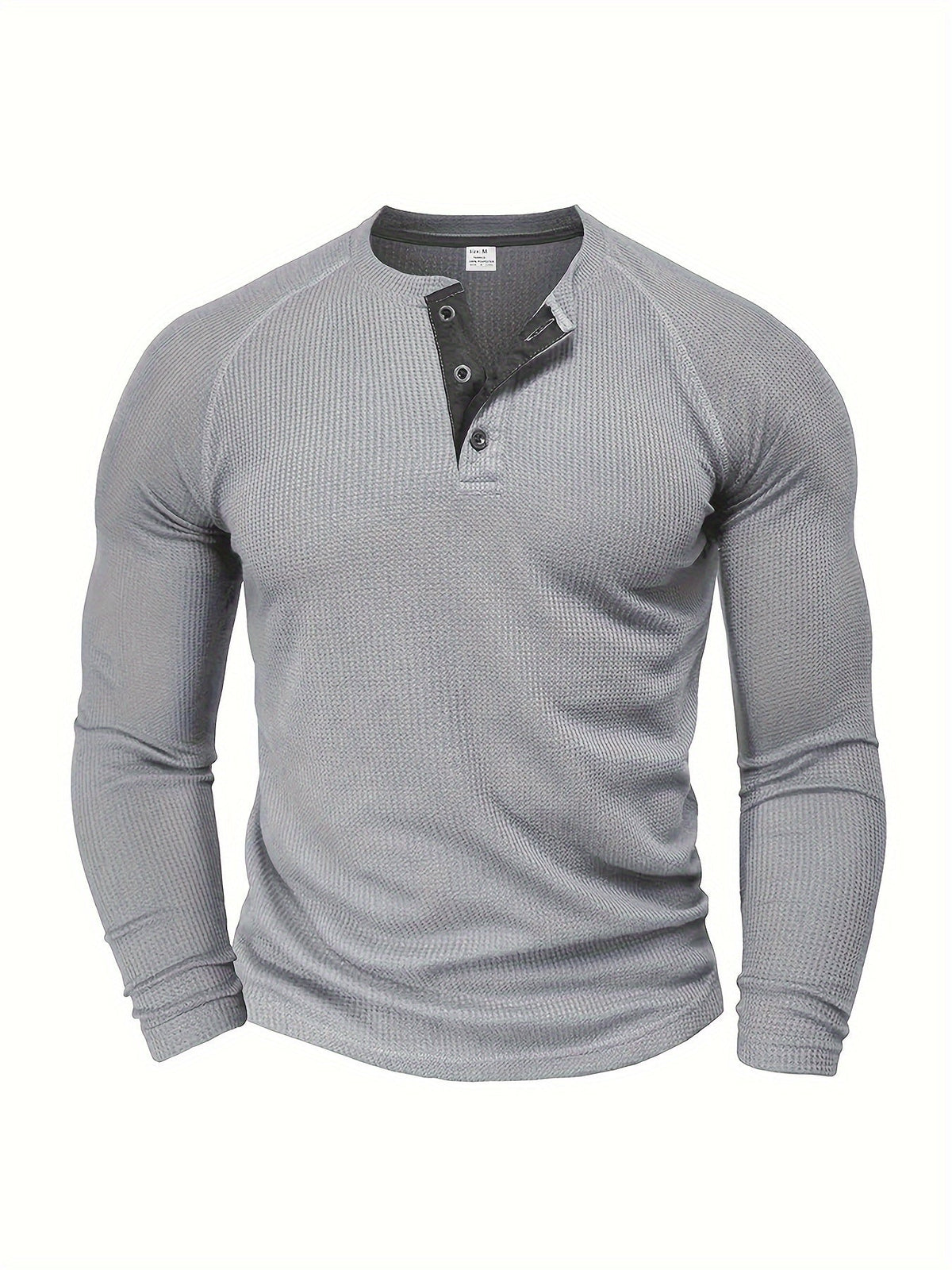 Long sleeve raglan Henley shirt in light grey, featuring raglan sleeves and a button placket.