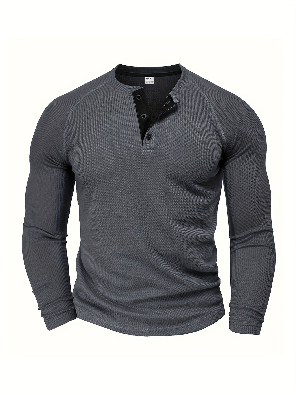 Long sleeve raglan Henley shirt in dark grey, featuring raglan sleeves and a button placket.