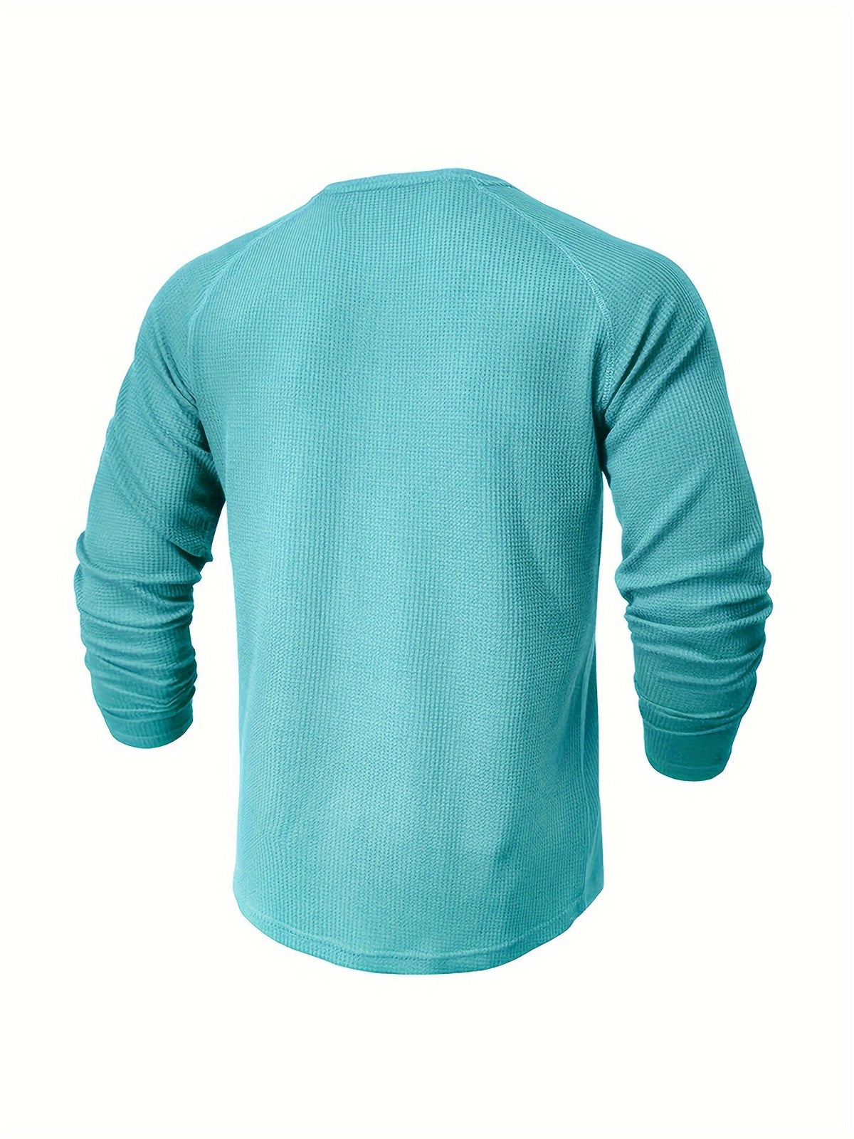 Long sleeve raglan Henley shirt in blue, featuring raglan sleeves and a button placket.