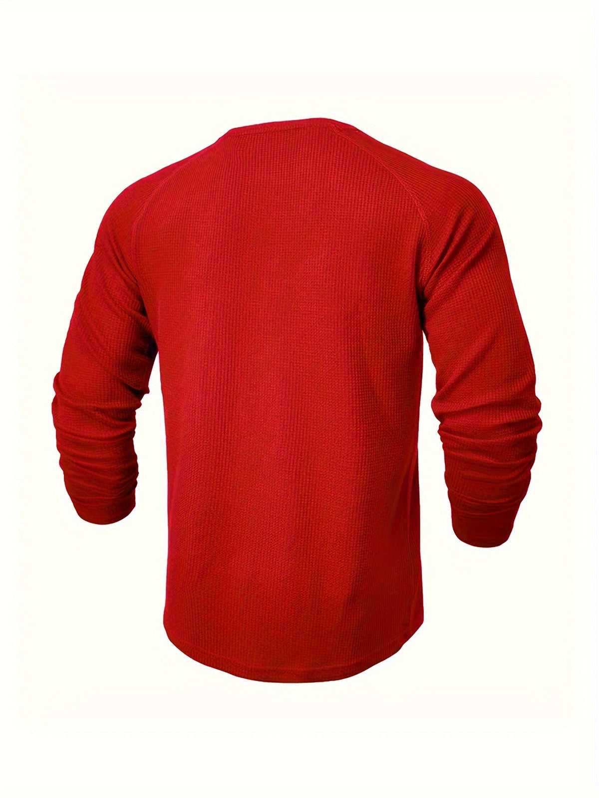 Long sleeve raglan Henley shirt in red, featuring raglan sleeves and a button placket.