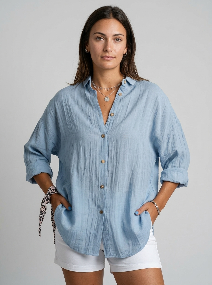 Women's blue lightweight crinkle shirt with button front