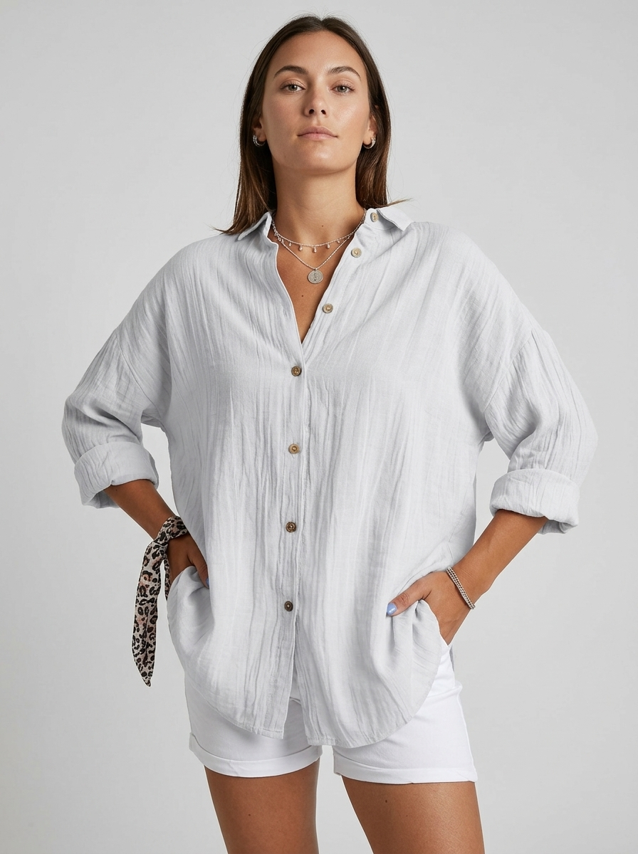 Women's brown lightweight crinkle shirt with button front