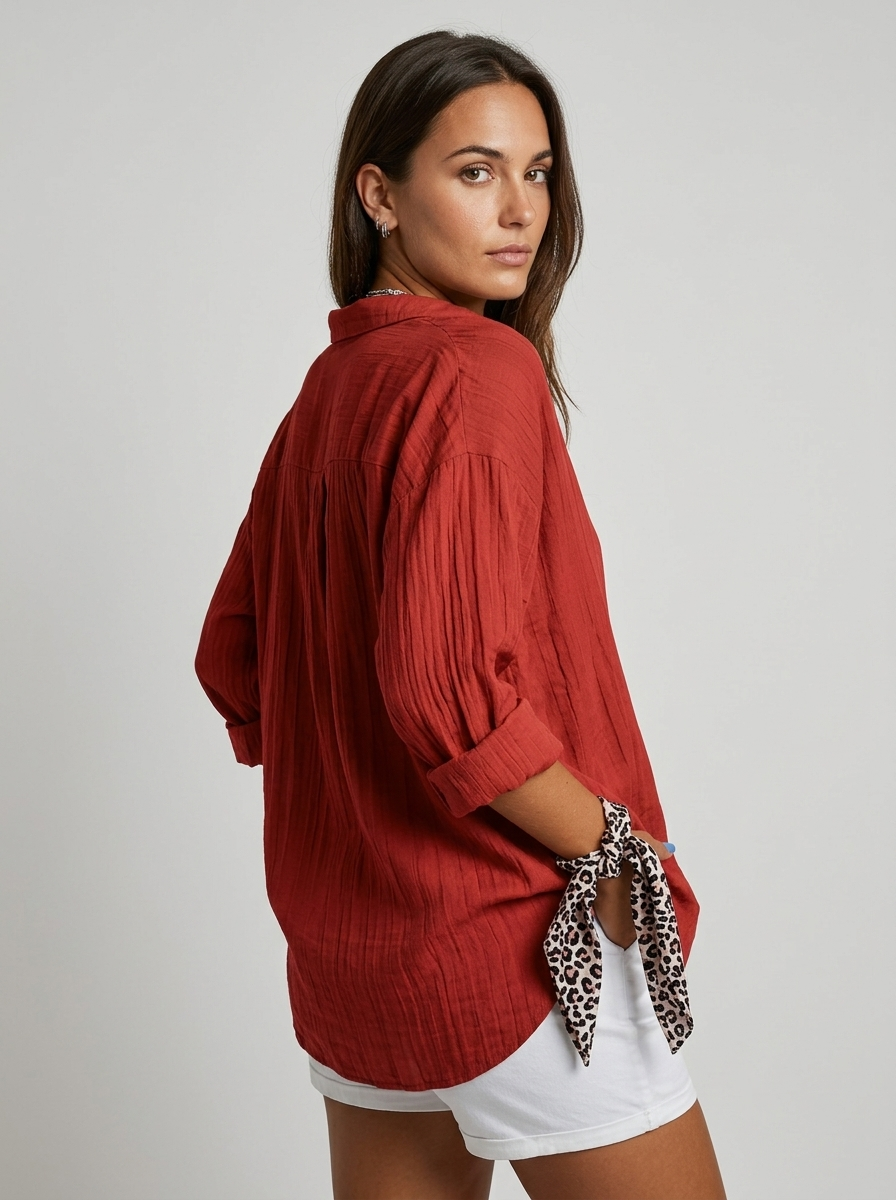 Women's blue lightweight crinkle shirt with button front