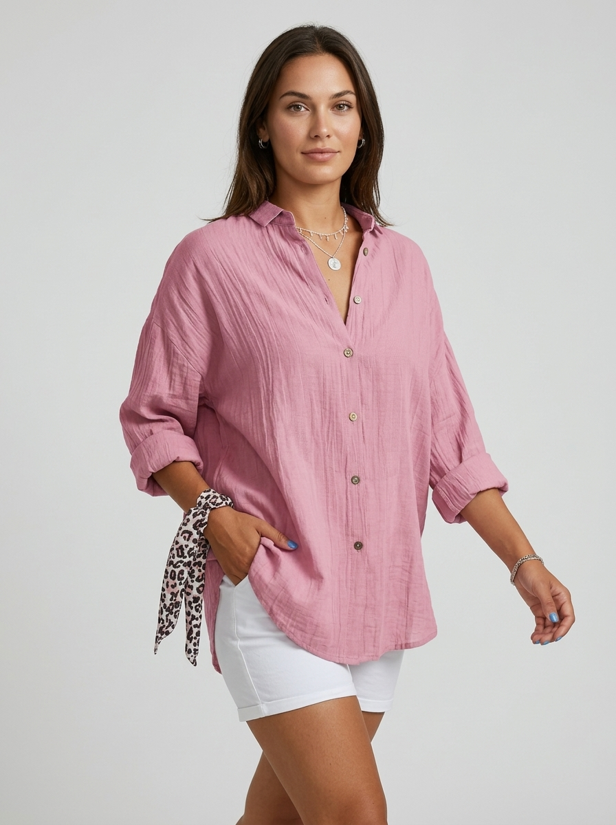 Women's blue lightweight crinkle shirt with button front