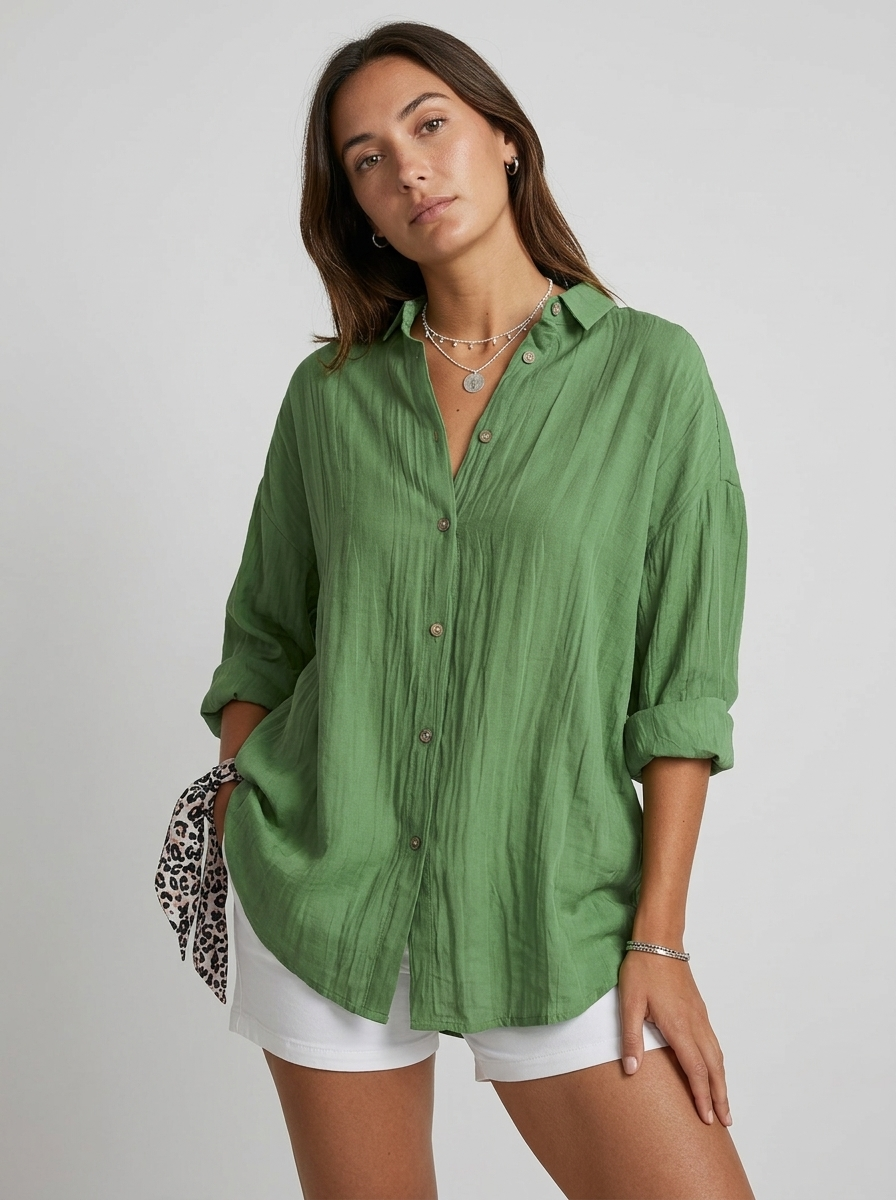Women's blue lightweight crinkle shirt with button front