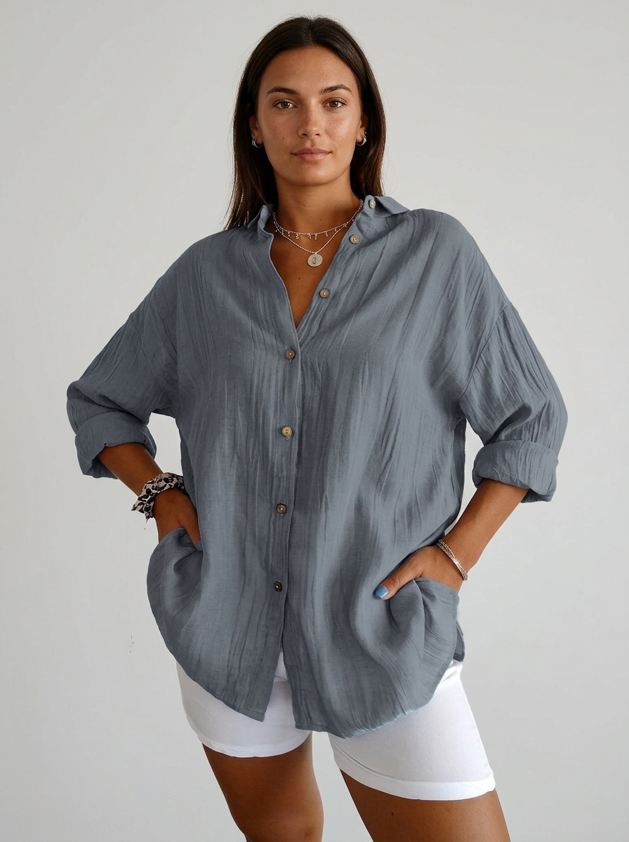 Women's brown lightweight crinkle shirt with button front