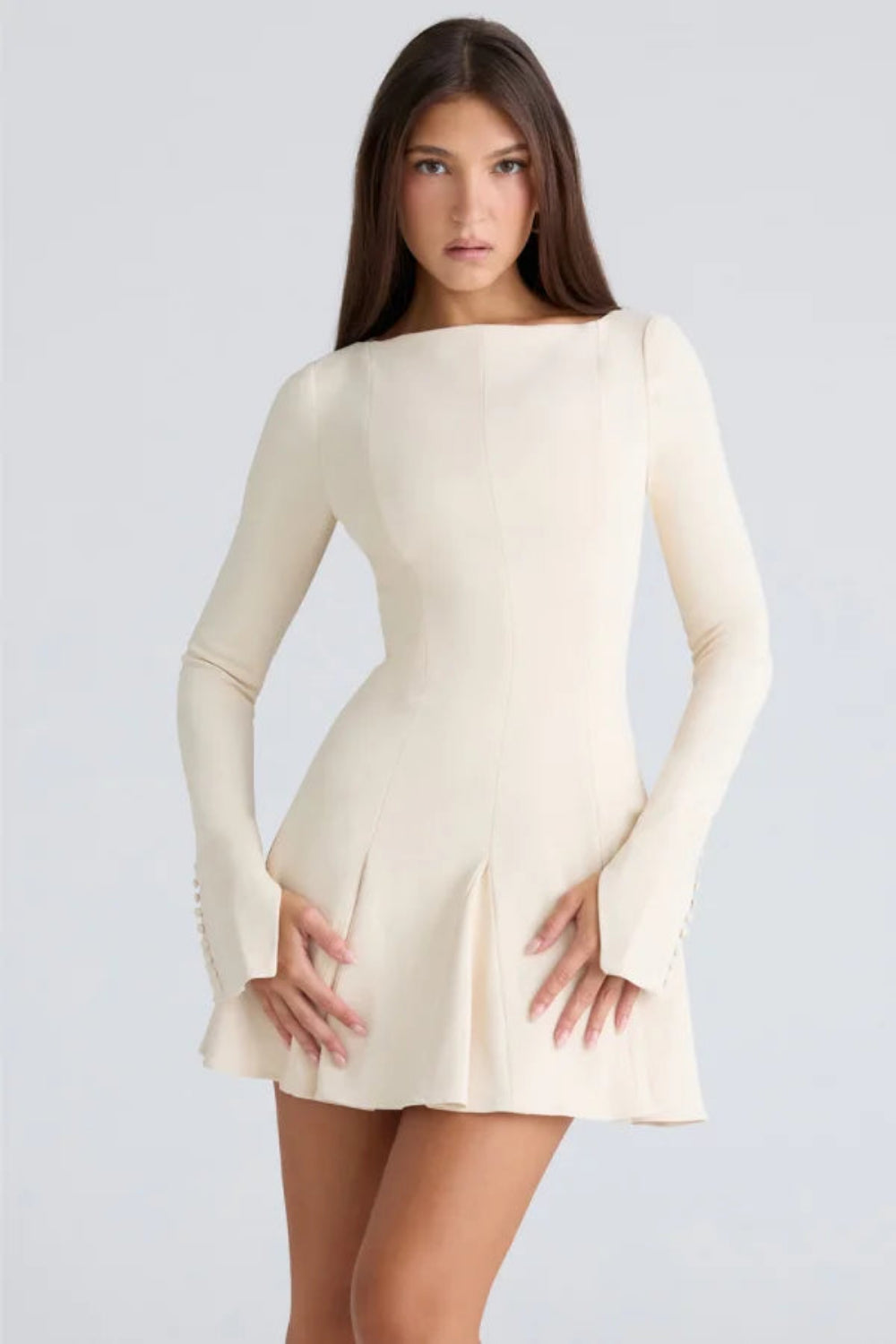 women's a-line dress with a boat neck and pleated detail