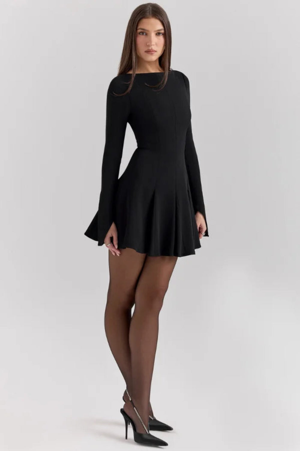 women's fit and flare dress with long sleeves and a square neck