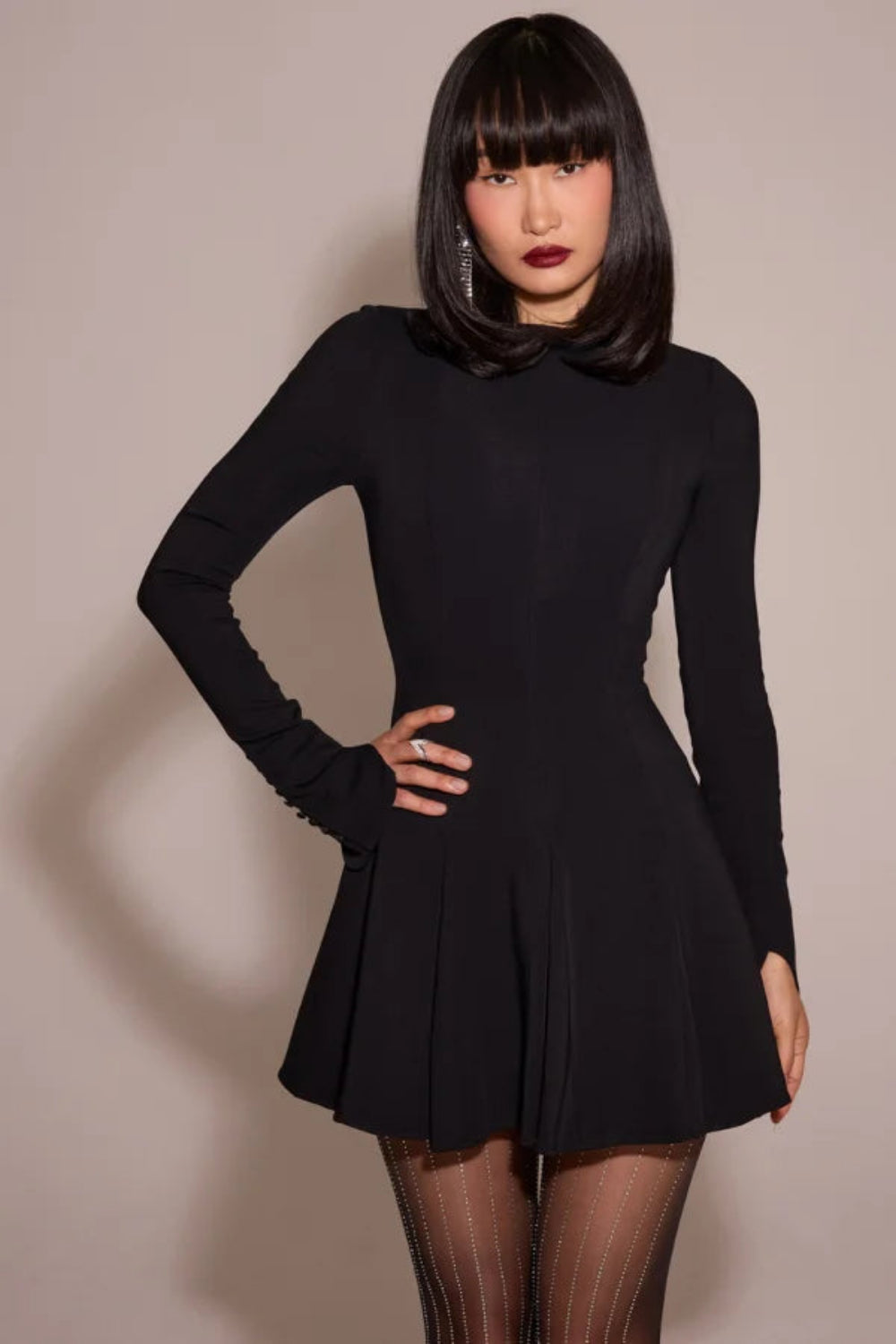 women's fit and flare dress with long sleeves and a square neck