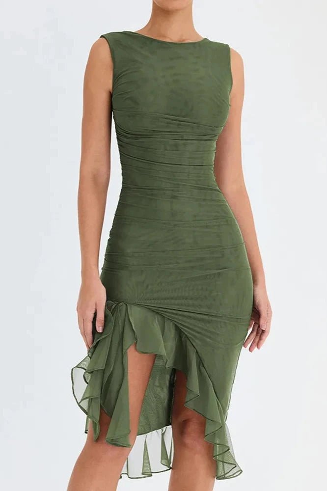 Women's brown scoop neck midi dress with a ruffle hem