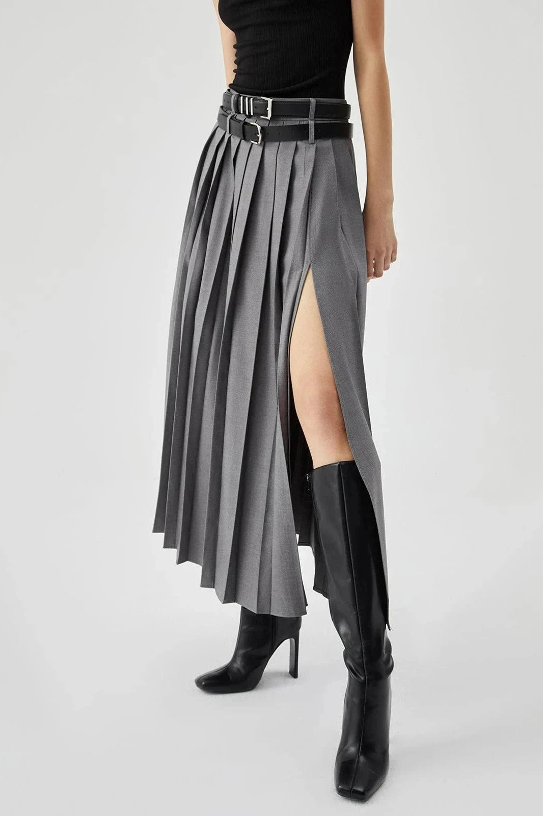 Women's gold pleated maxi skirt with a side split