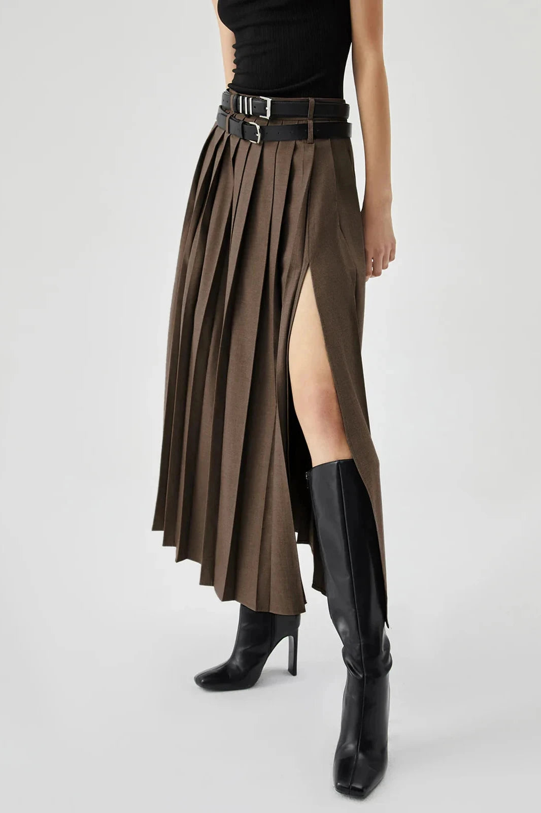 Women's brown pleated maxi skirt with a side split
