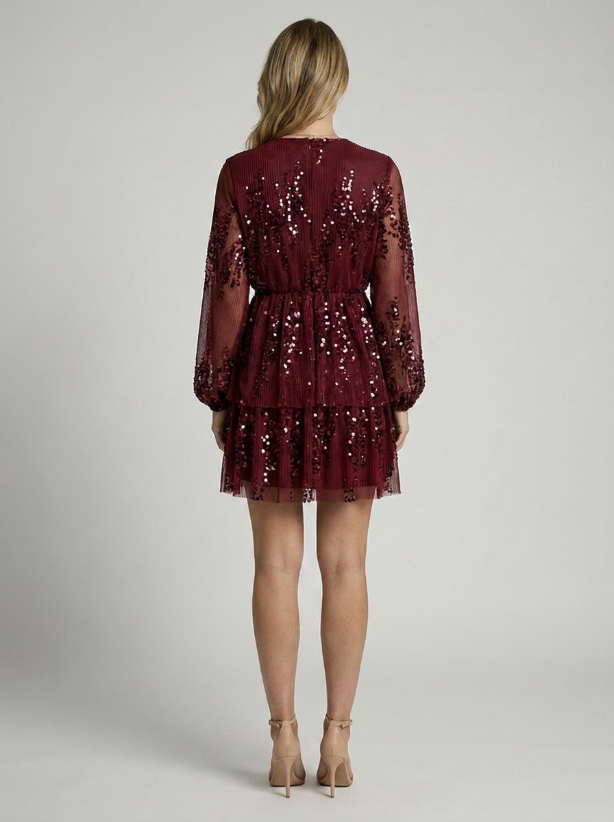 Sequin Occasion Dress with V-Neck & Long Sleeves
