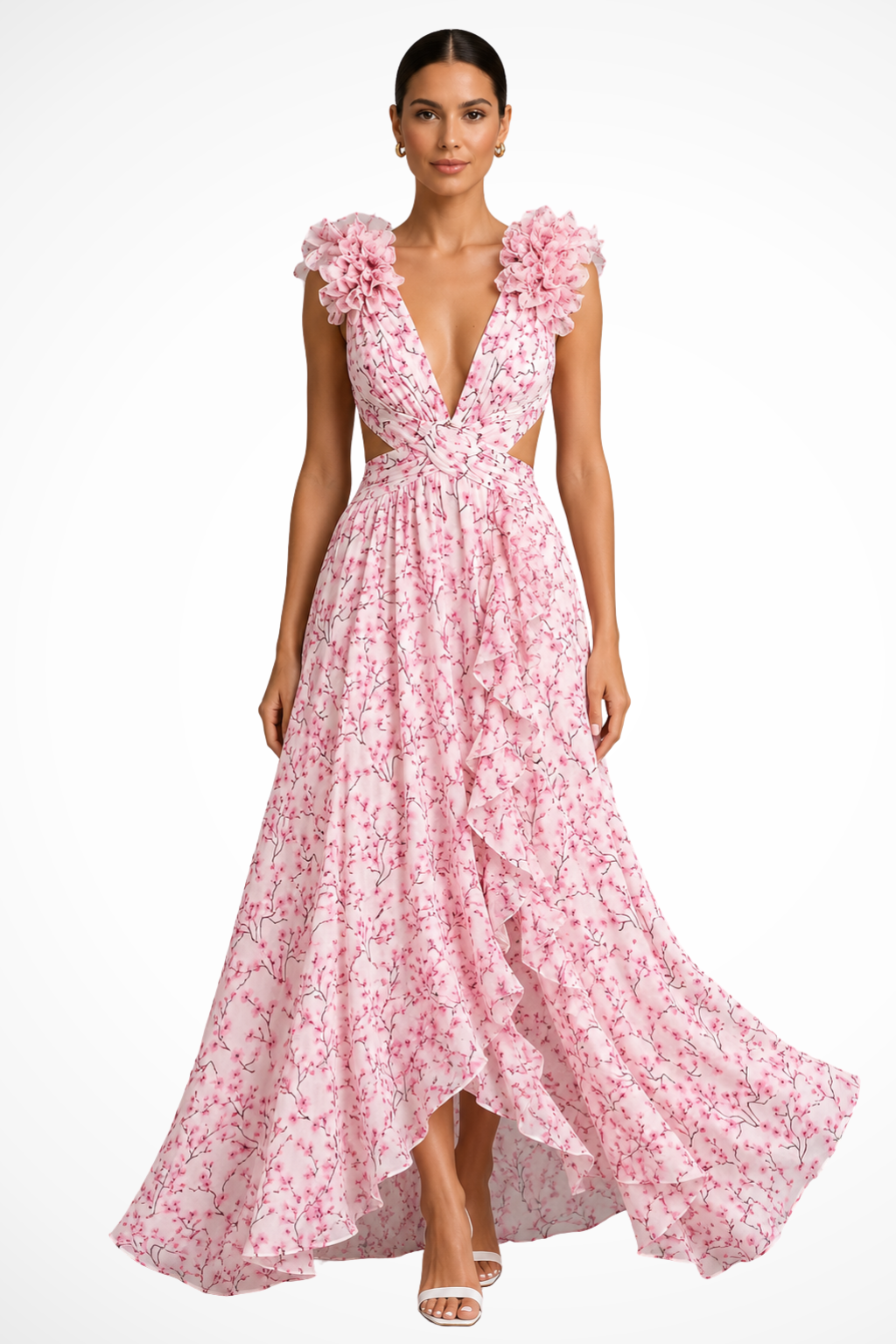Women's pink floral ruffle v-neck maxi dress