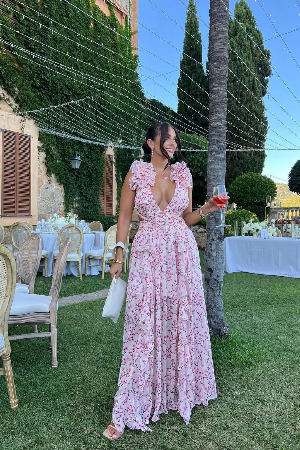 Women's orange floral ruffle v-neck maxi dress