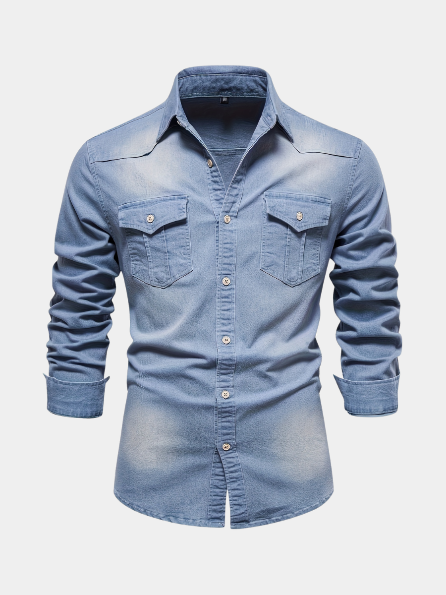 Men's light blue long-sleeve denim western shirt