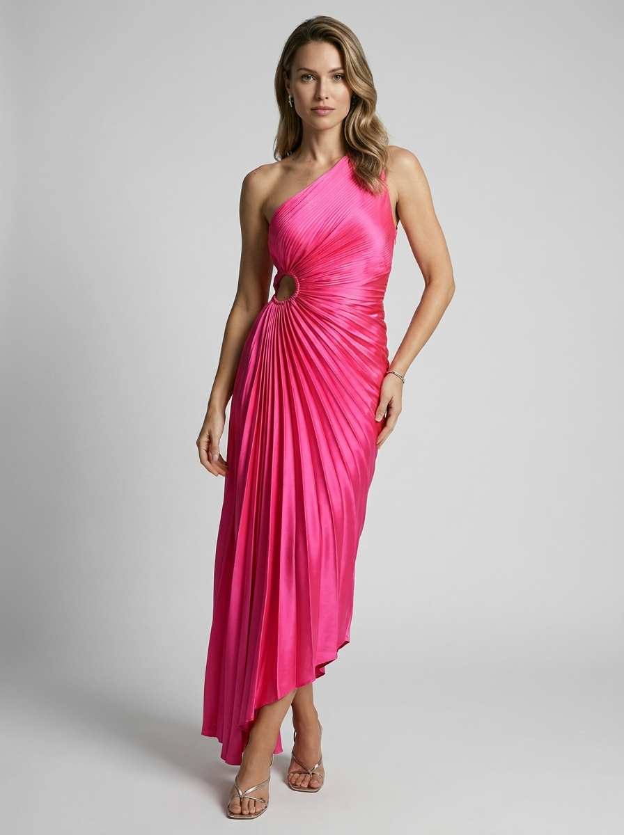 Women's black one-shoulder pleated maxi dress