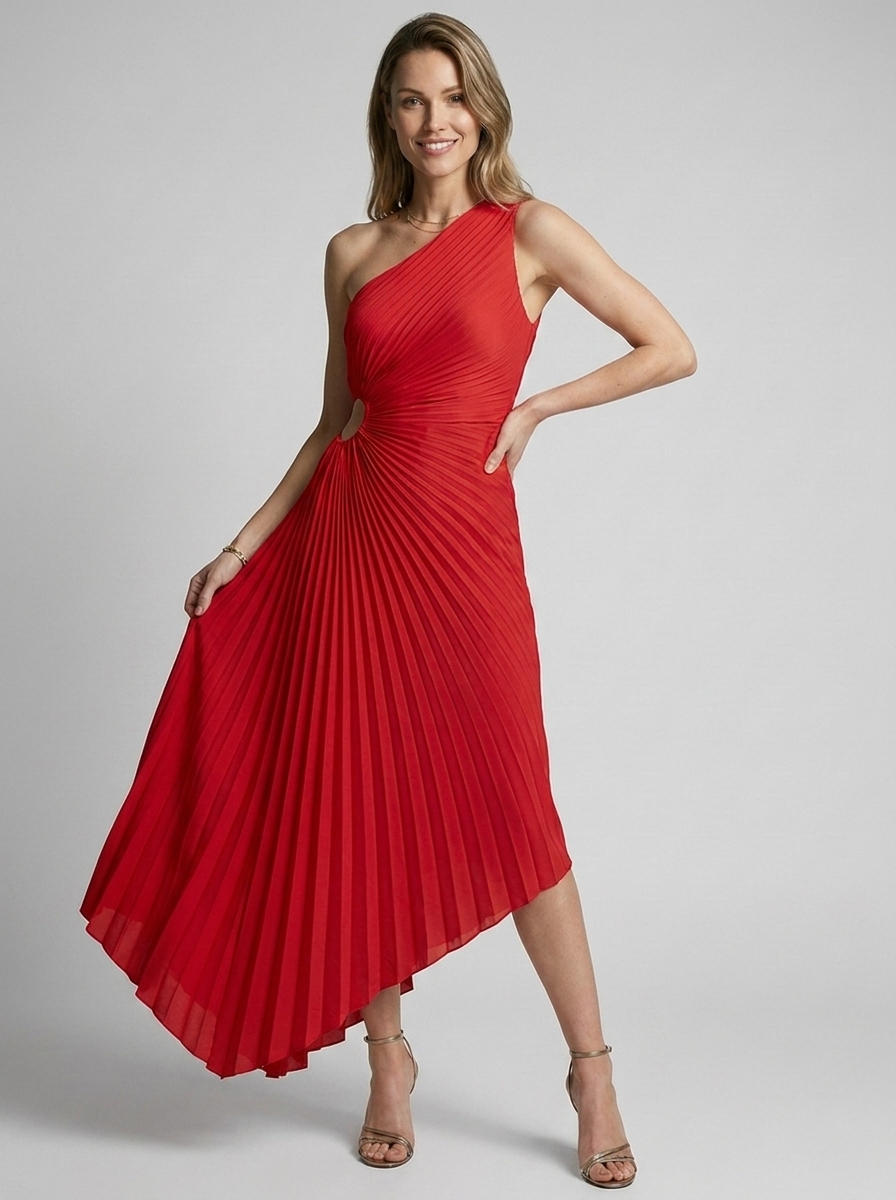 Women's white one-shoulder pleated maxi dress