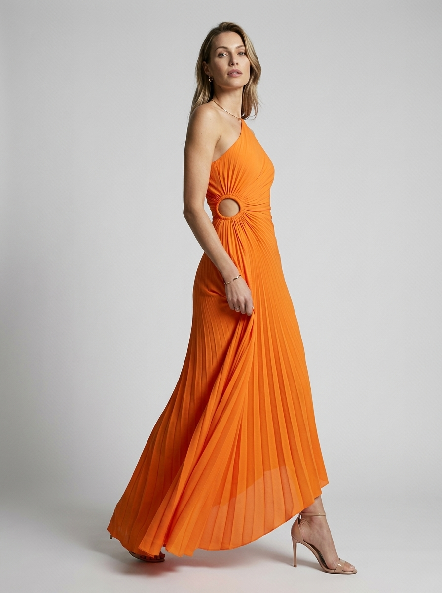 Women's black one-shoulder pleated maxi dress