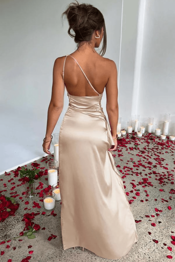 Women's navy blue satin one shoulder maxi dress with a thigh split
