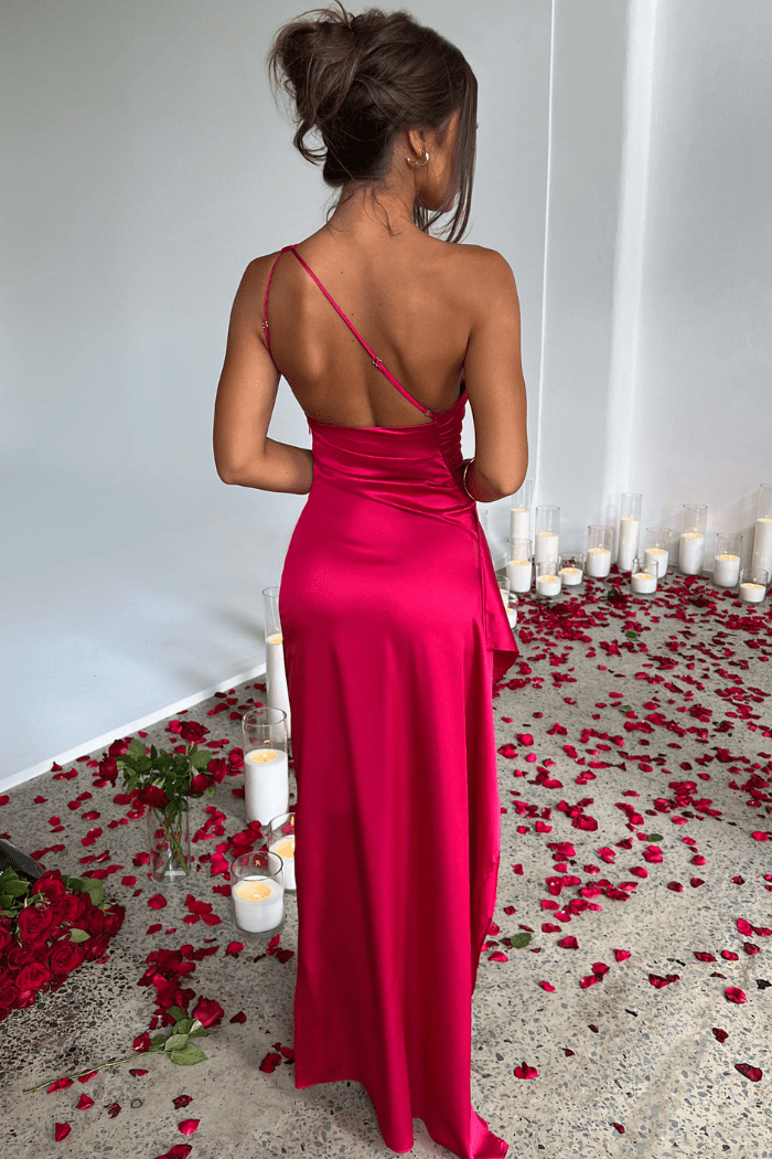 Women's navy blue satin one shoulder maxi dress with a thigh split