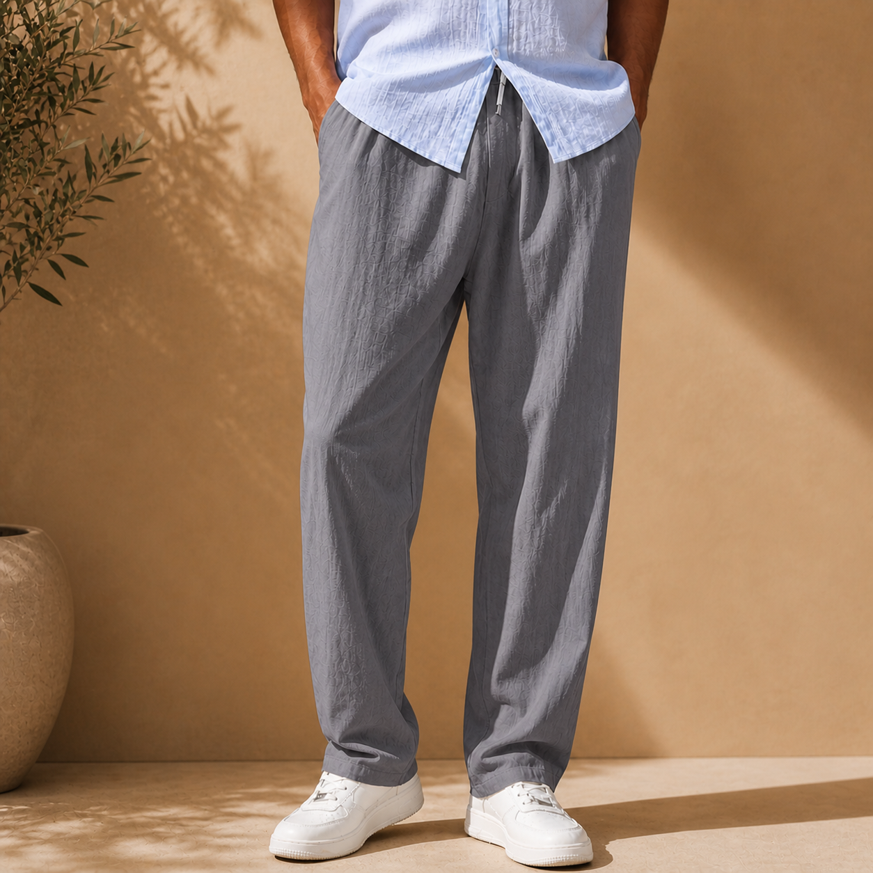 Men's white elasticated waist straight leg trousers