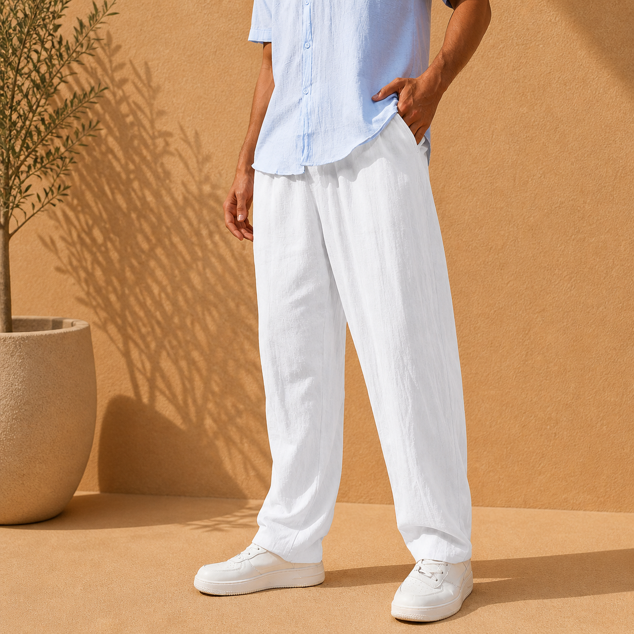 Men's light blue elasticated waist straight leg trousers