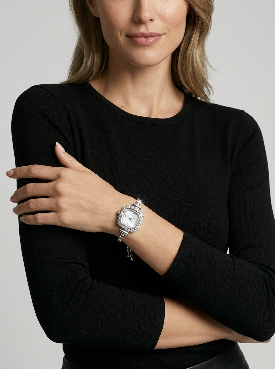 Crystal Watch with Square Dial and Chain Strap
