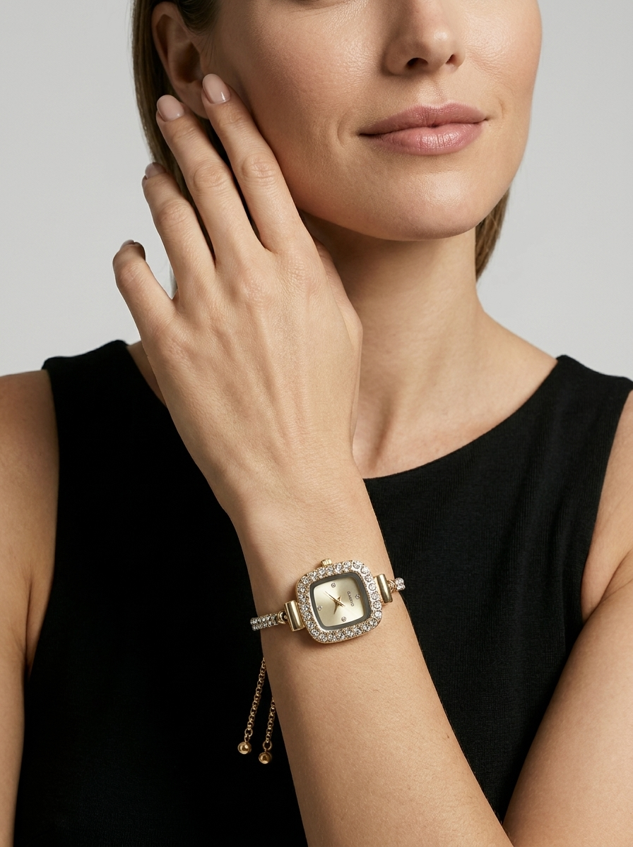 Crystal Watch with Square Dial and Chain Strap
