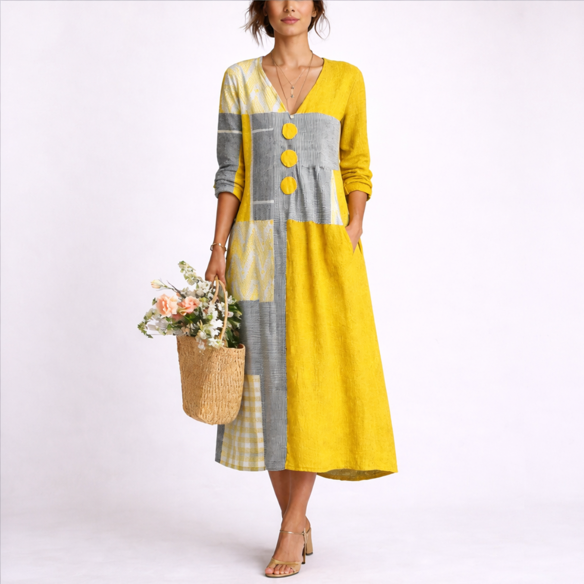Women's yellow & gray linen blend wrap midi dress