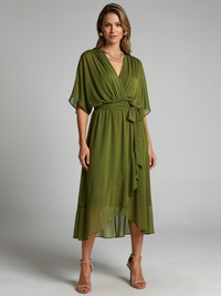 Women's Wrap Midi Dress with Asymmetric Hem for Summer
