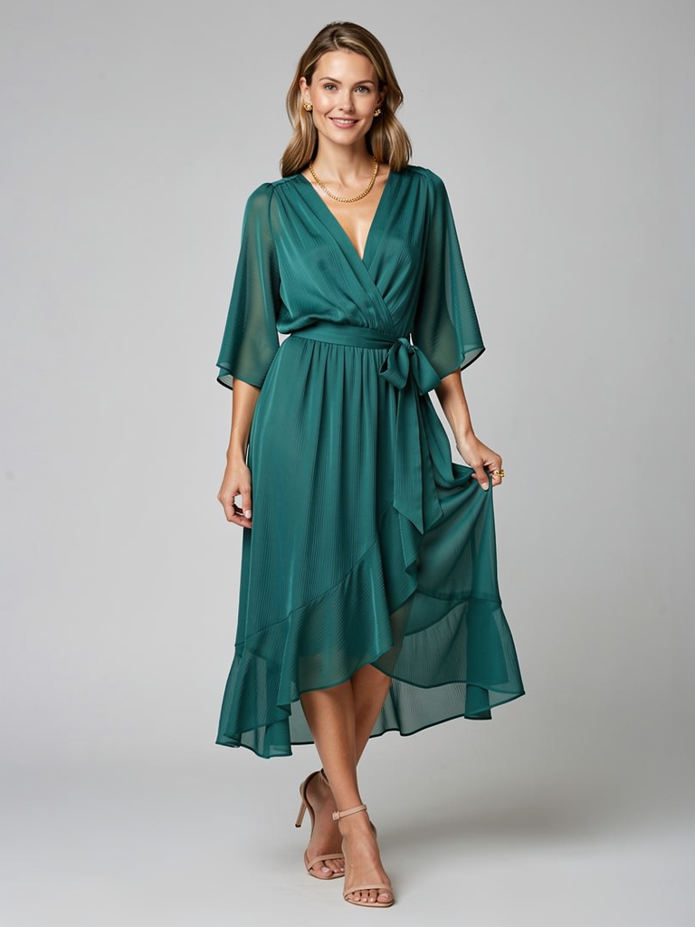 Wrap Midi Dress with Asymmetric Hem for Summer
