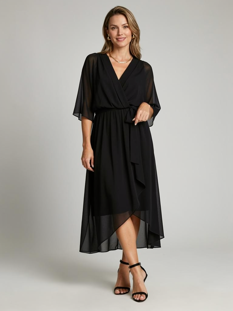 Wrap Midi Dress with Asymmetric Hem for Summer