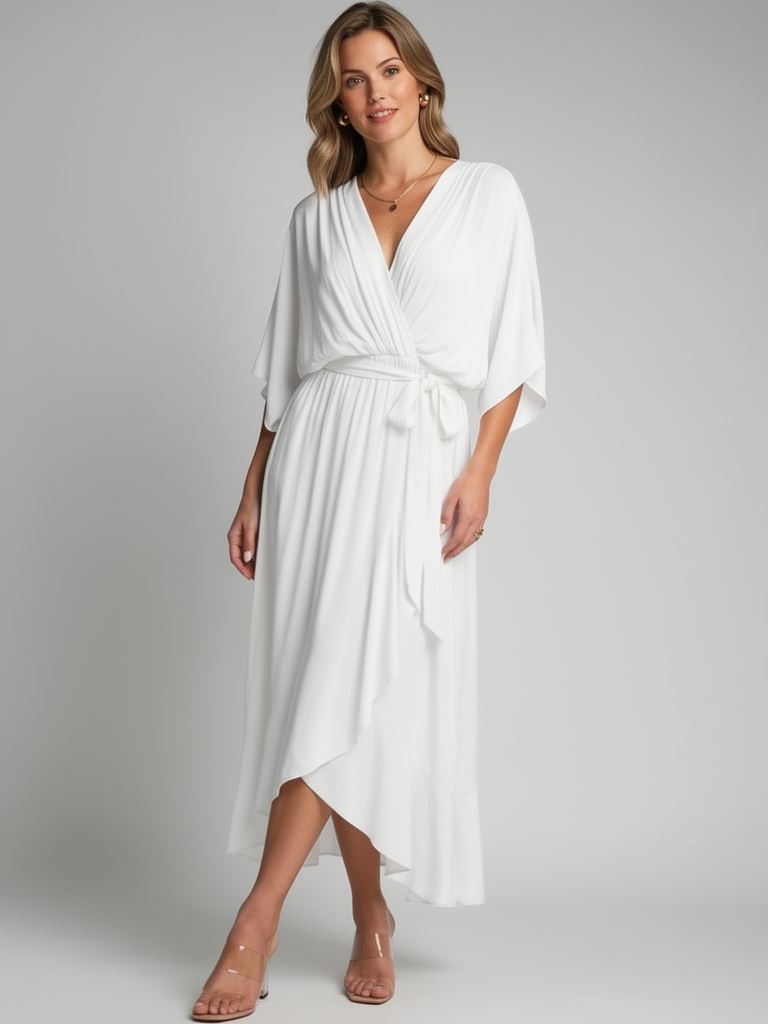 Wrap Midi Dress with Asymmetric Hem for Summer