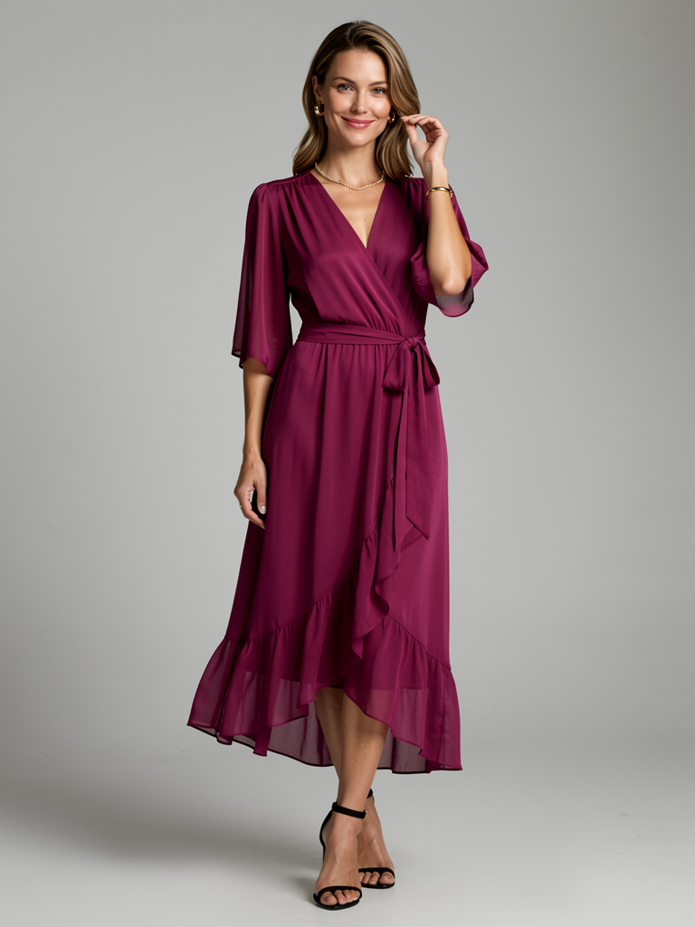 Wrap Midi Dress with Asymmetric Hem for Summer