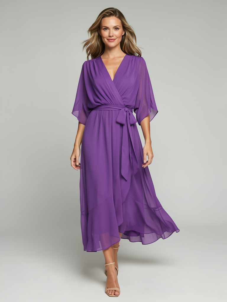 Wrap Midi Dress with Asymmetric Hem for Summer