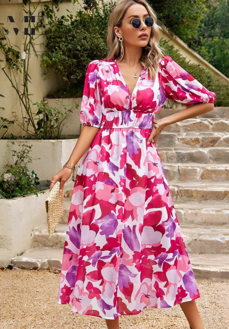 Elegant Floral Midi Wedding Guest Dress 10