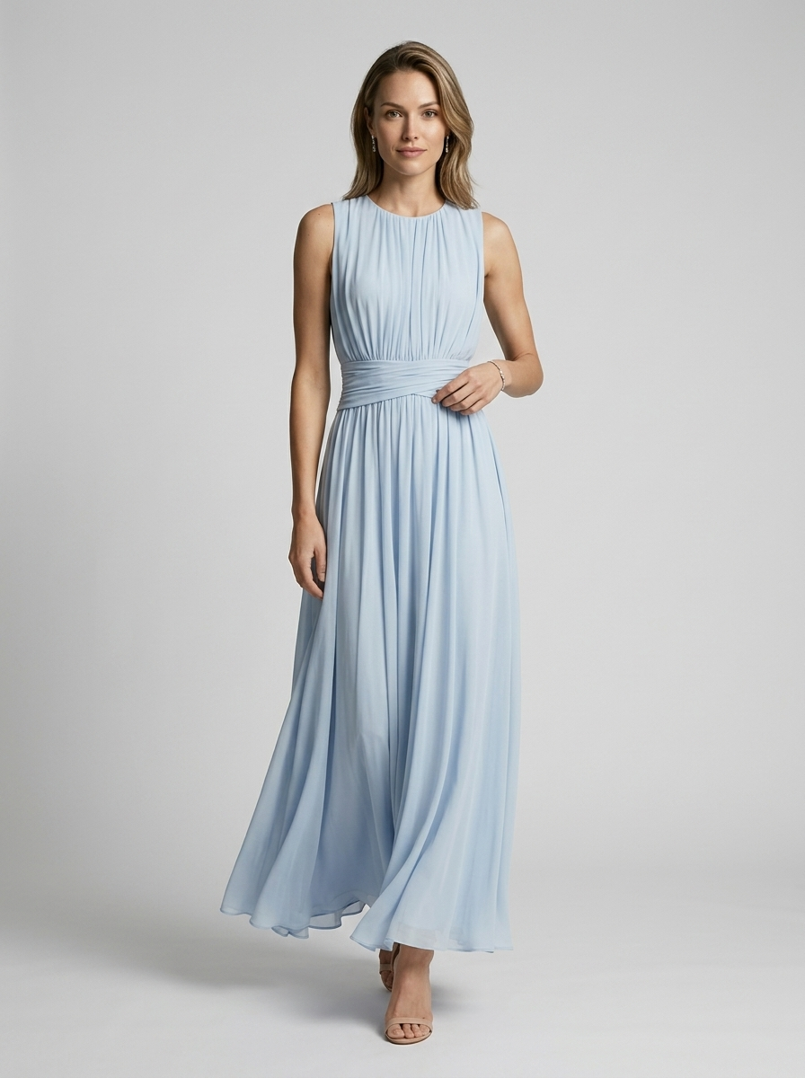 Women's light blue sleeveless wedding guest maxi dress with flowing skirt