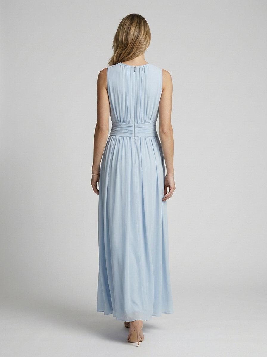 Women's light blue sleeveless wedding guest maxi dress with flowing skirt