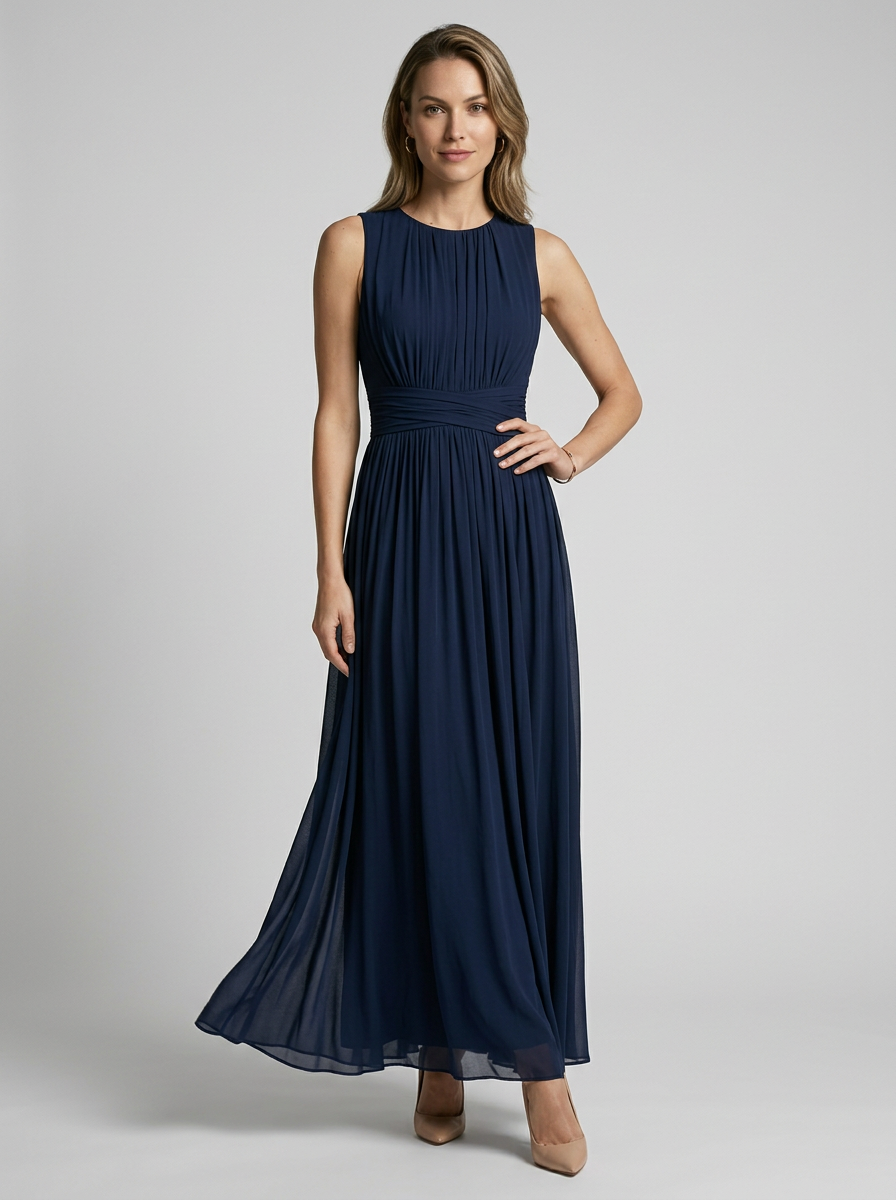 Women's light blue sleeveless wedding guest maxi dress with flowing skirt
