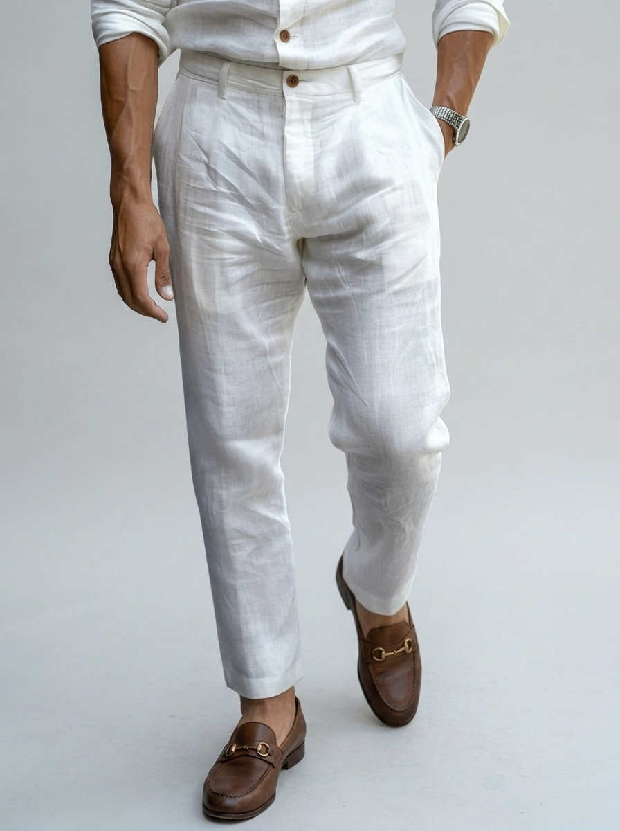 Men's white tapered linen-look summer trousers