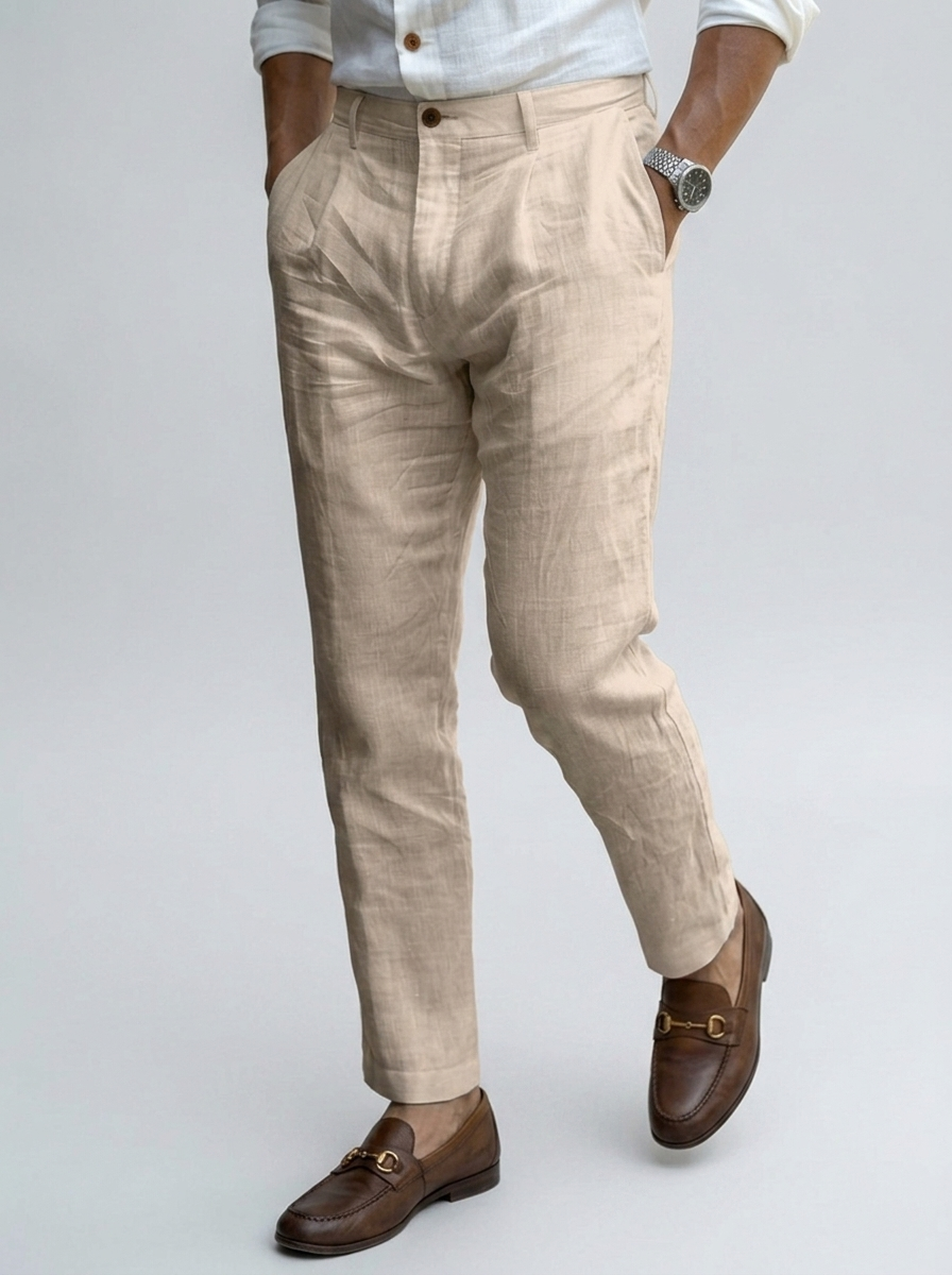 Men's white tapered linen-look summer trousers
