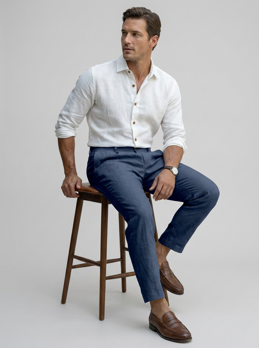 Men's white tapered linen-look summer trousers