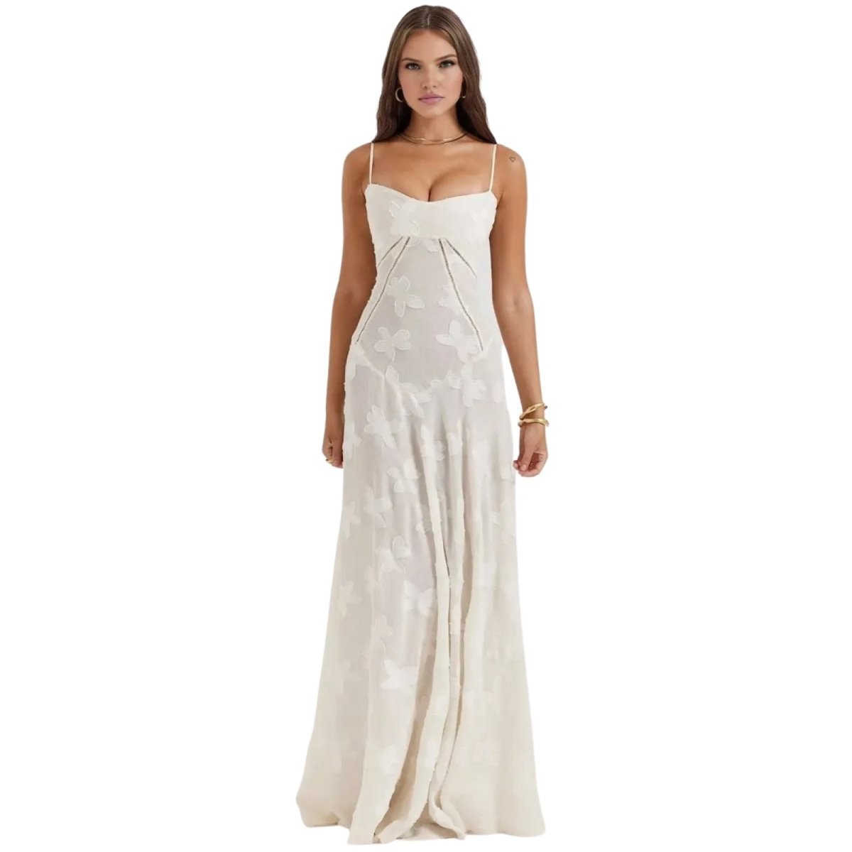 Women's white floral maxi dress with spaghetti straps