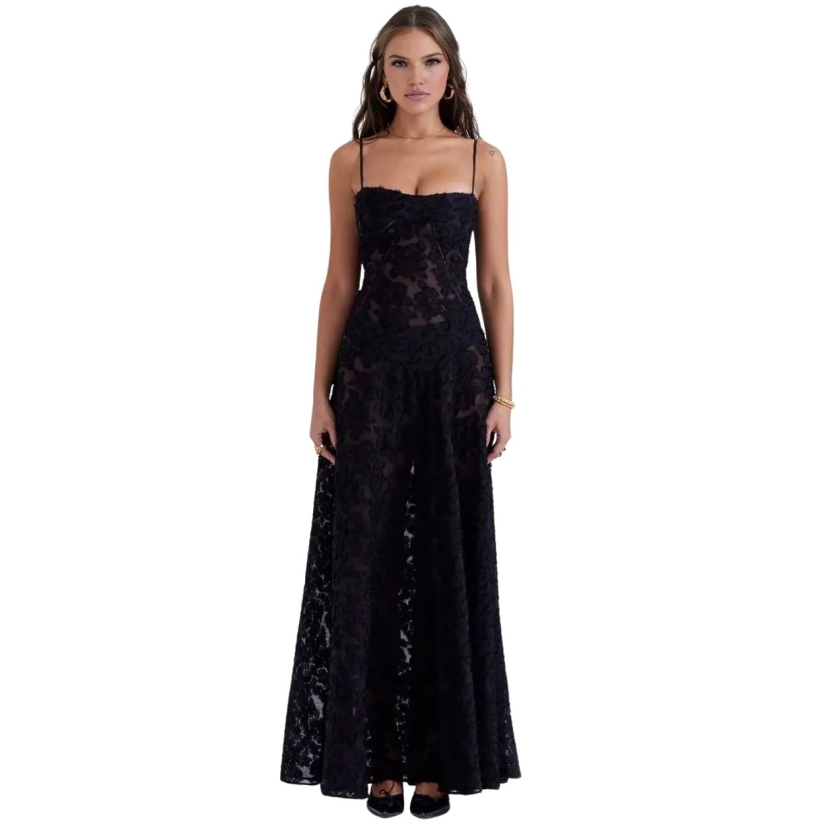 Women's black floral maxi dress with spaghetti straps